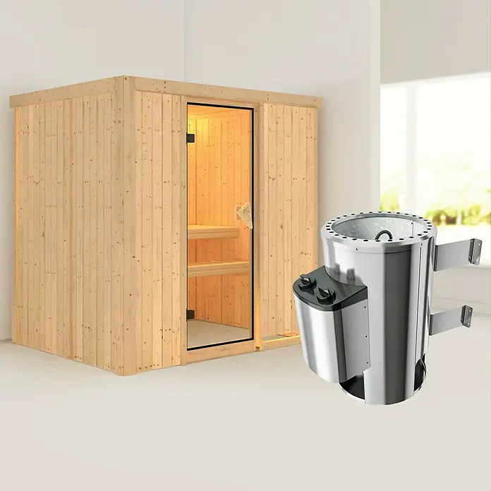 Karibu Elementsauna Fanja - Mit 3,6 kW Ofen mit integrierter Steuerung, Ohne Dachkranz, L x B x H: 196 x 151 x 192 cm - Sauna mit Holzverkleidung und einem freistehenden Saunaofen aus Edelstahl.