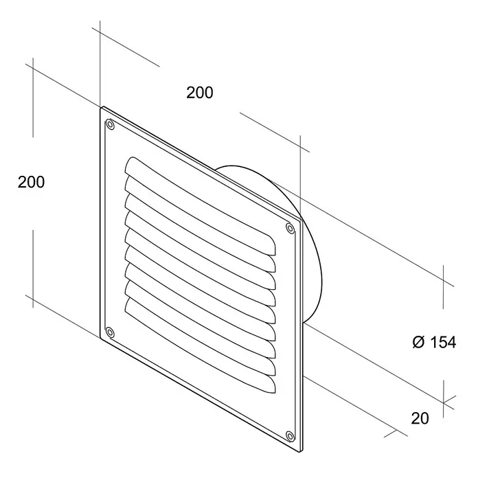 Air-Circle Außengitter - Durchmesser Anschlussstutzen: 150 mm, Aluminium, Weiß - Abbildung eines Abluftgitters mit quadratischer Blende und rundem Anschlussstutzen, inklusive Maßangaben.