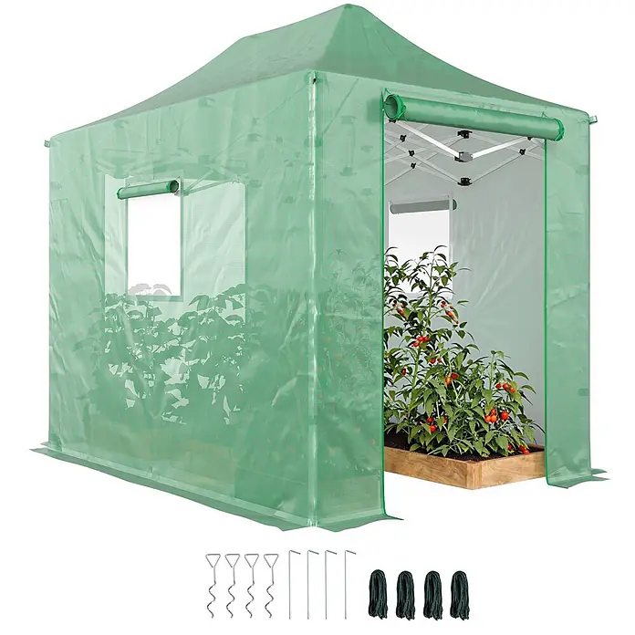 Outsunny-Pop Up Gewächshaus-295L x 200B x 270H cm -  - Grünes, tragbares Gewächshaus mit durchscheinender Abdeckung, Metallrahmen und Pflanzen. Inklusive Erdnägeln und Seilen.