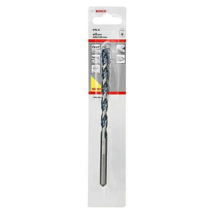 Bosch Beton- & Steinbohrer CYL-5 - Durchmesser Bohrer: 8 mm, Arbeitslänge: 100 mm - Eine Nahaufnahme eines Bosch CYL-5 Bohrers mit 8 mm Durchmesser, ideal für präzise und schnelle Bohrarbeiten in verschiedenen Materialien.