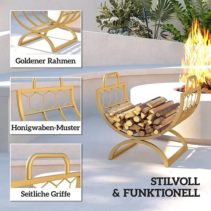 Outsunny- Kaminholzregal- 46 x 36 x 41cm -  - Goldener Metall-Kaminholzständer mit Wabenmuster und Griffen, gefüllt mit Holzscheiten neben einer Feuerschale.