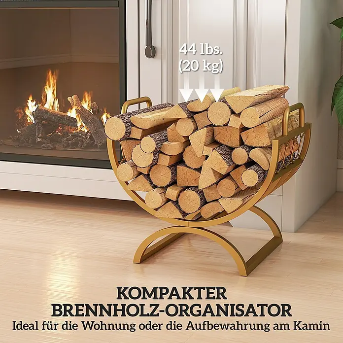 Outsunny- Kaminholzregal- 46 x 36 x 41cm -  - Goldener Metall-Brennholzständer mit Holzscheiten gefüllt neben einem Kamin. Kompaktes Brennholzregal für innen, 20 kg Kapazität.