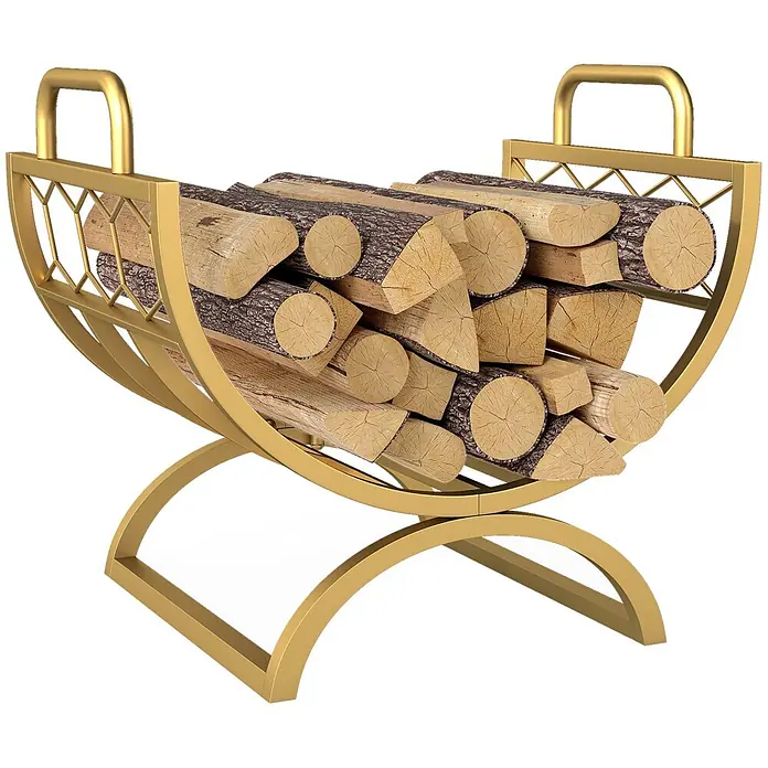 Outsunny- Kaminholzregal- 46 x 36 x 41cm -  - Goldfarbener Metall-Brennholzhalter gefüllt mit gehackten Scheiten.