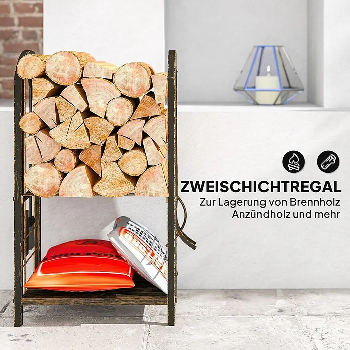 Outsunny-Kaminholzregal-43 x 30 x 74cm -  - Zweischichtiges schwarzes Metall-Kaminholzregal, gefüllt mit Holzscheiten und Anzündholz.