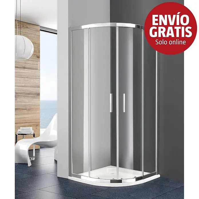 GME Mampara de ducha semicircular Prestige Titan Radio Italiano - L x An x Al: 80 x 80 x 195 cm, Eloxado, Plata brillo - Cabina de ducha angular curva con paneles de vidrio transparente, marco cromado y plato de ducha blanco en un baño moderno.