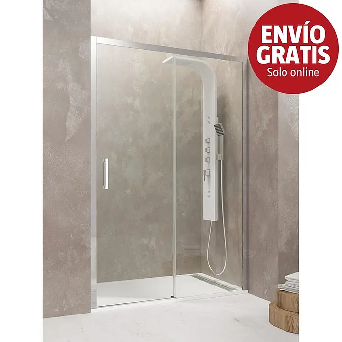 GME Mampara de ducha frontal Aktual - 150 x 195 cm, Vidrio transparente, Plata brillo - Mampara de ducha corredera de cristal con marco cromado y panel de ducha blanco.