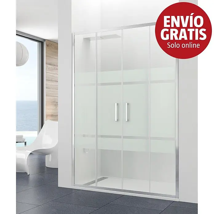 GME Mampara de ducha frontal Prestige Spazio - 140 x 195 cm, Eloxado, Espesor de vidrio: 8 mm, Plata brillo, Vidrio serigrafiado - Mampara de ducha con marco plateado y paneles de vidrio esmerilado con franjas horizontales transparentes en un baño moderno.