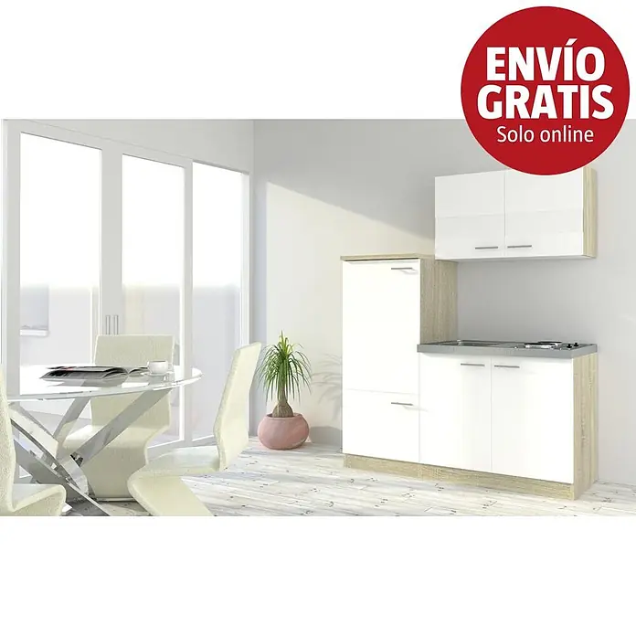 Respekta Cocina compacta Luis - Ancho: 160 cm, Blanco, Placa de cocción y frigorífico - Mueble de cocina compacto con puertas blancas, acabado efecto madera clara, fregadero, placa y armarios en una habitación moderna.