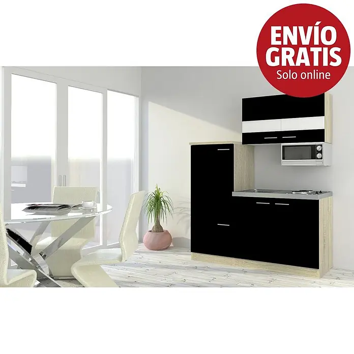 Respekta Cocina compacta Luis - Ancho: 160 cm, Negro, Placa de cocción, frigorífico y microondas - Cocina compacta negra y de aspecto madera con fregadero, vitrocerámica, microondas y armarios en un ambiente moderno.