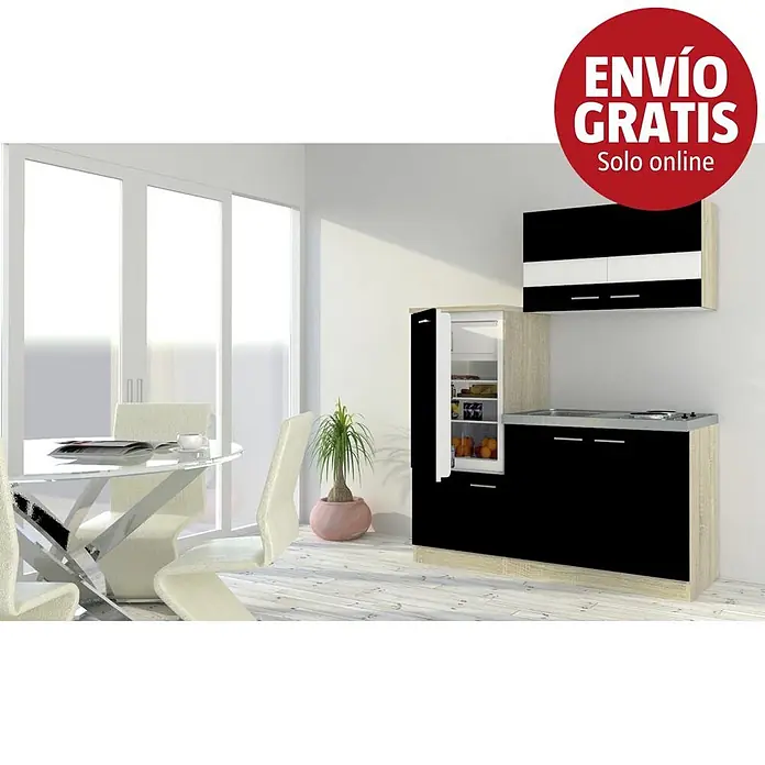 Respekta Cocina compacta Luis - Ancho: 160 cm, Negro, Placa de cocción y frigorífico - Mueble de cocina compacto negro y madera clara con nevera integrada, fregadero, placa y armarios superiores, en un ambiente moderno.