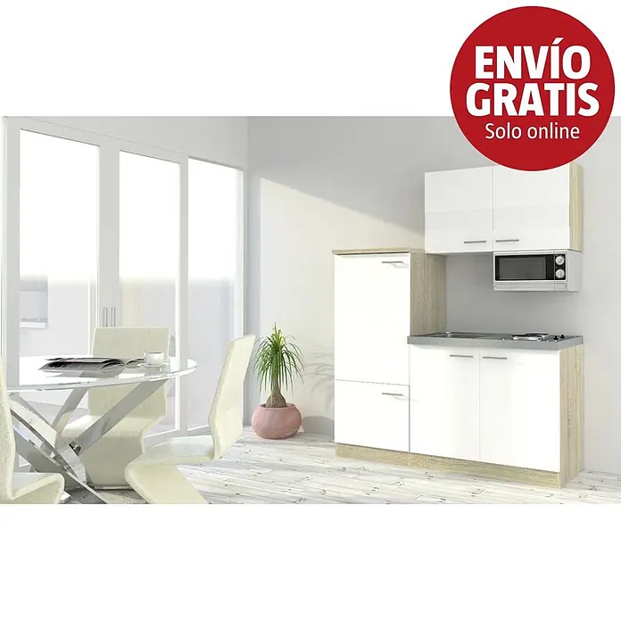 Respekta Cocina compacta Luis - Ancho: 160 cm, Blanco, Placa de cocción, frigorífico y microondas - Cocina compacta con armarios blancos y madera clara, fregadero, placa de cocción y microondas integrados, en un comedor luminoso.