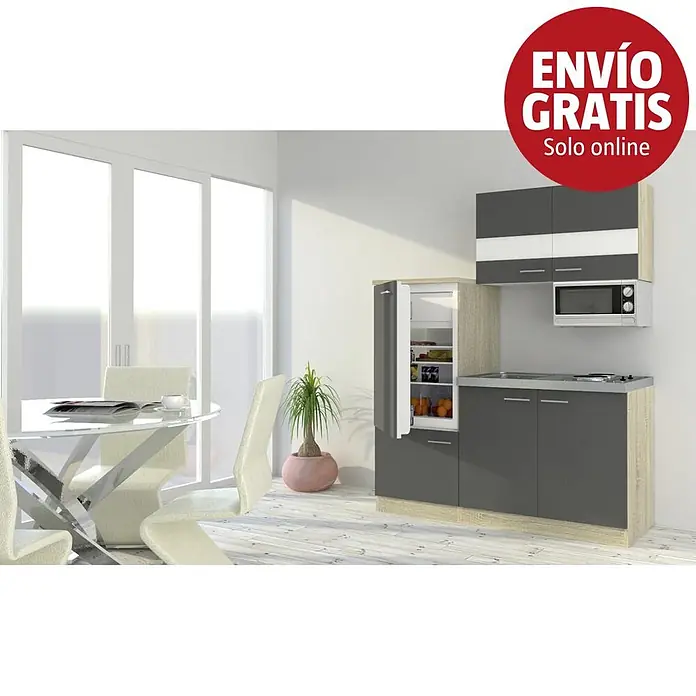 Respekta Cocina compacta Luis - Ancho: 160 cm, Gris, Placa de cocción, frigorífico y microondas - Cocina compacta en gris y madera clara con nevera, microondas, fregadero y almacenamiento integrados, mostrada en un interior moderno.
