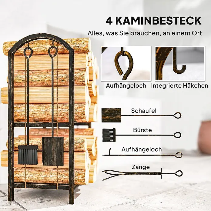 Outsunny-Kaminholzregal-43 x 30 x 74cm -  - Ein 4-teiliges Kaminbesteck aus rustikalem, dunklem Metall mit integriertem Holzregal. Es beinhaltet Schaufel, Bürste, Schürhaken und Zange, bereit zum Aufhängen.