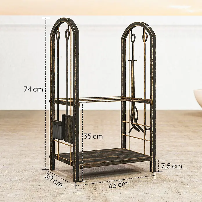 Outsunny-Kaminholzregal-43 x 30 x 74cm -  - Vintage Kaminholzregal aus schwarz-goldenem Metall mit Ablage und integriertem Kaminbesteck. H74xB43xT30 cm.