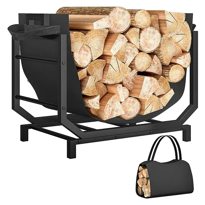 Outsunny- Kaminholzregal-53 x 33 x 43 cm -  - Schwarzes Metall-Brennholzregal mit Holzscheiten und passender Tragetasche.