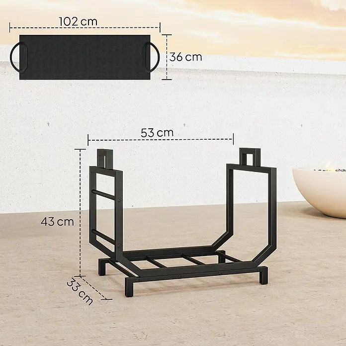 Outsunny- Kaminholzregal-53 x 33 x 43 cm -  - Schwarzes Metall-Kaminholzregal (53x43x33 cm) mit schwarzer Schutzhülle (102x36 cm).