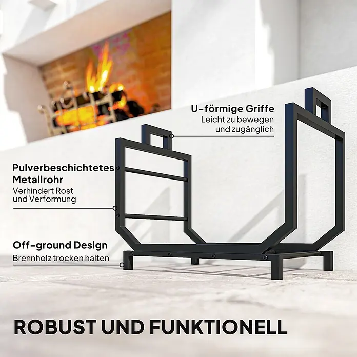 Outsunny- Kaminholzregal-53 x 33 x 43 cm -  - Schwarzes Metall-Kaminholzregal mit U-Griffen und erhöhtem Design für trockene Lagerung, in einem Wohnzimmer gezeigt.