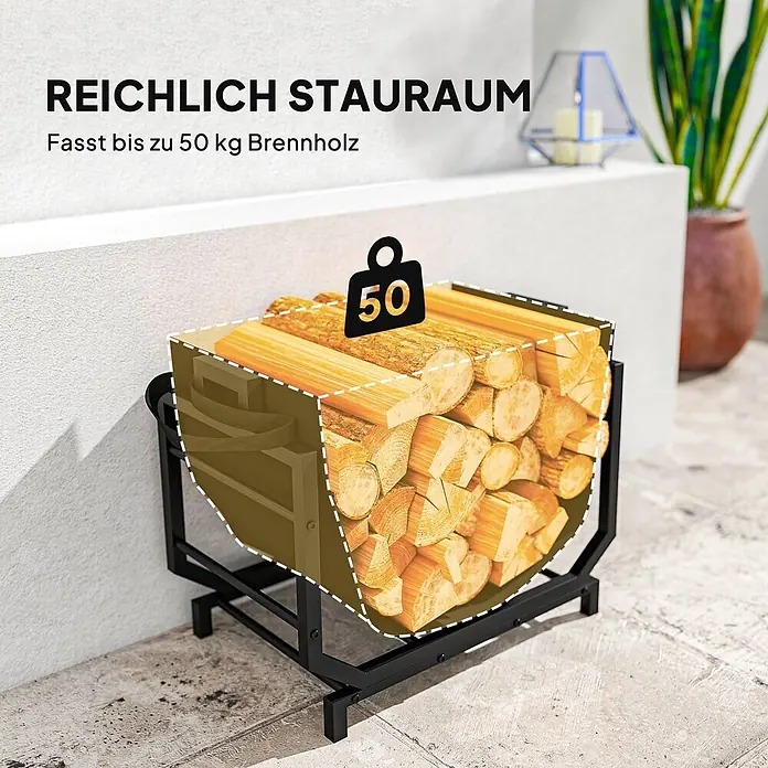 Outsunny- Kaminholzregal-53 x 33 x 43 cm -  - Schwarzes Metall-Brennholzregal gefüllt mit gespaltenem Holz, das bis zu 50 kg fasst, auf einem Betonboden.