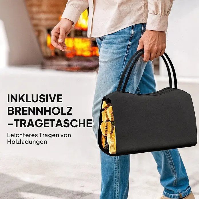 Outsunny- Kaminholzregal-53 x 33 x 43 cm -  - Eine Person trägt eine schwarze Brennholz-Tragetasche gefüllt mit Holzscheiten, unterwegs zu einem gemütlichen Kamin.