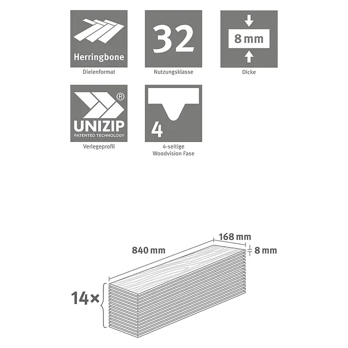 Egger Laminat NatureSense Herringbone - Casella Eiche natur, Fischgrät, 840 x 168 x 8 mm - Technische Zeichnung von Fischgrät-Laminatdielen (840x168x8mm) mit UNIZIP-Patent, Nutzungsklasse 32, 4-seitiger Fase, 14 Stück pro Packung.