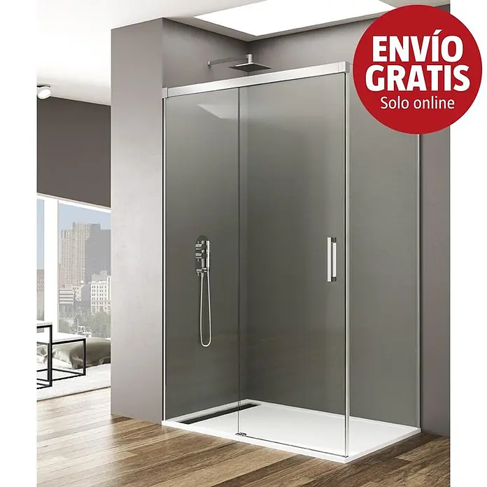 GME Mampara de ducha esquinera Basic Plus - L x An x Al: 70 x 140 x 195 cm, Vidrio transparente, Plata brillo - Mampara de ducha moderna con puerta corredera de cristal, maneta cromada y plato de ducha blanco en un baño.