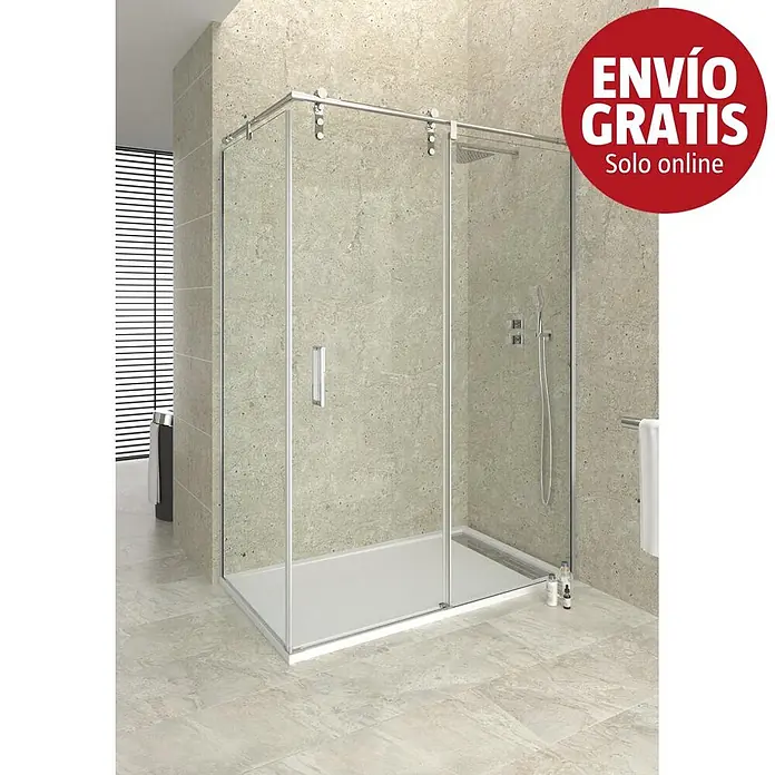 GME Mampara de ducha frontal Moving - 180 x 199 cm, Vidrio transparente, Longitud regulable: 77 cm - 180 cm, Cromo - Imagen de campaña