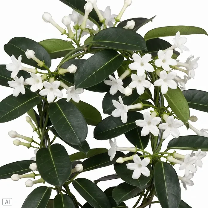 Piardino Kranzschlinge - Stephanotis floribunda, Topfgröße: 12 cm, Weiß - Blühende Pflanze mit dunkelgrünen Blättern und kleinen weißen sternförmigen Blüten.