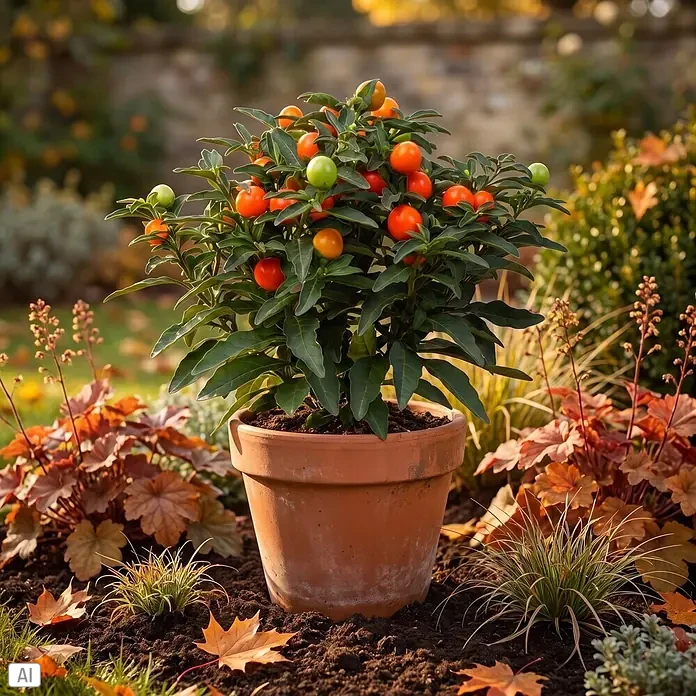 Piardino Korallenstrauch mit orangen Beeren - Solanum thurino, Topfgröße: 11 cm - Eine leuchtende Topfpflanze mit leuchtend orangefarbenen und grünen Beeren in einem Terrakottatopf, in einem herbstlichen Garten.