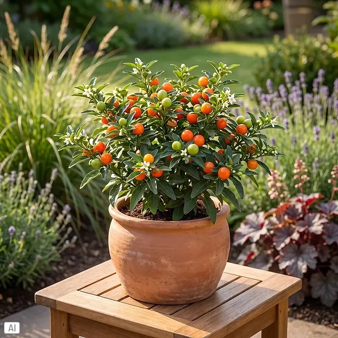 Piardino Korallenstrauch mit orangen Beeren - Solanum thurino, Topfgröße: 11 cm - Eine leuchtende Korallenstrauch-Pflanze mit grünen Blättern, weißen Blüten und orangefarbenen sowie grünen Beeren in einem Terrakottatopf steht auf einem hölzernen Gartentisch.