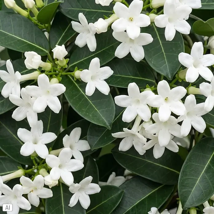 Piardino Kranzschlinge - Stephanotis floribunda, Topfgröße: 12 cm, Weiß - Weiße sternförmige Blüten mit grünen Blättern.