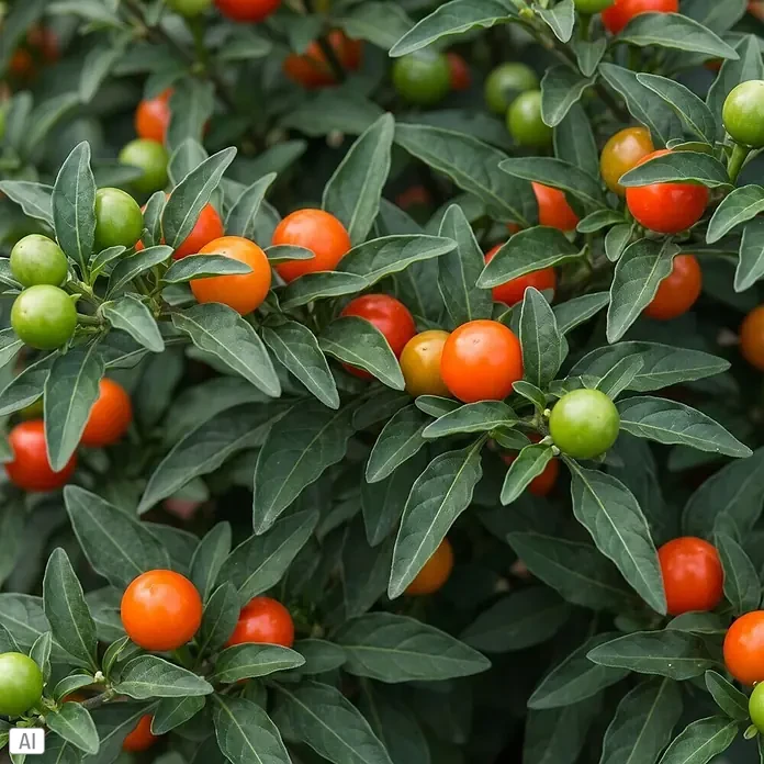 Piardino Korallenstrauch mit orangen Beeren - Solanum thurino, Topfgröße: 11 cm - Eine lebendige Pflanze mit dunkelgrünen Blättern und zahlreichen kleinen, runden Beeren in Grün, Gelb und leuchtendem Orange.