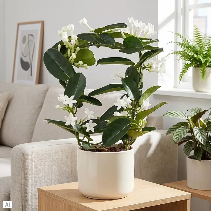 Piardino Kranzschlinge - Stephanotis floribunda, Topfgröße: 12 cm, Weiß - Eine Sternjasmin-Zimmerpflanze mit weißen Blüten und dunkelgrünen Blättern in einem cremefarbenen Keramiktopf auf einem hellen Holztisch im Wohnzimmer.