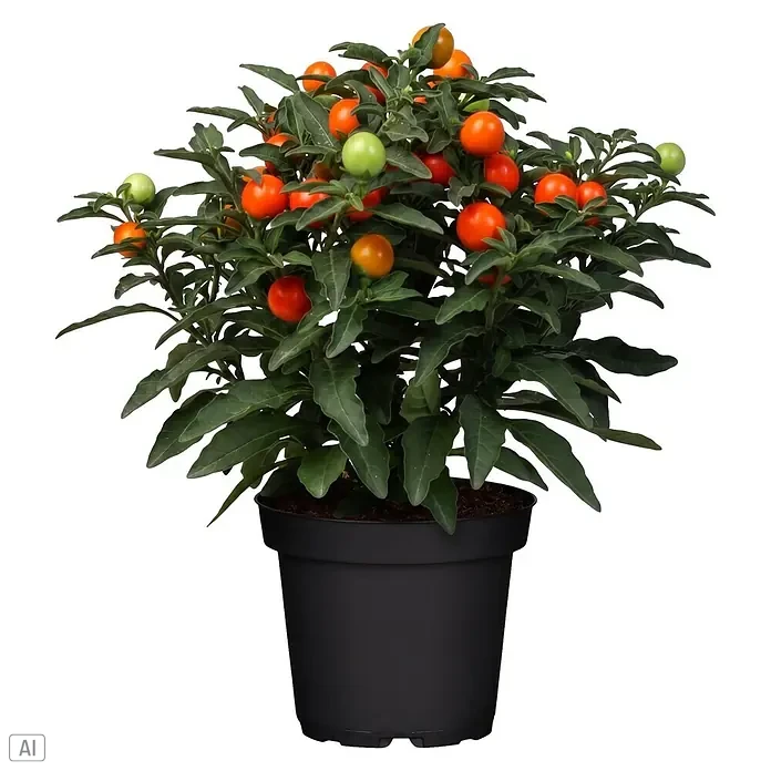 Piardino Korallenstrauch mit orangen Beeren - Solanum thurino, Topfgröße: 11 cm - Eine lebendige Topfpflanze mit grünen Blättern und zahlreichen roten, orangefarbenen und grünen Beeren in einem schwarzen Topf.
