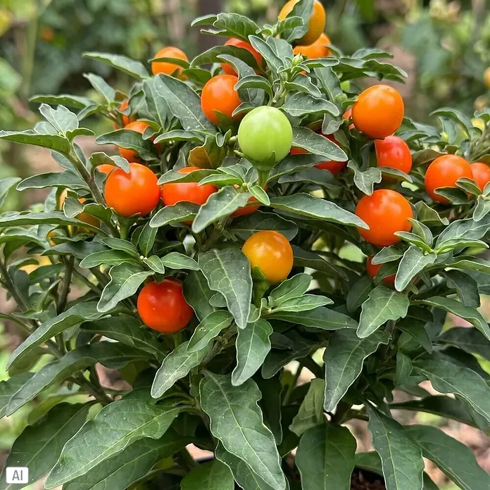 Piardino Korallenstrauch mit orangen Beeren - Solanum thurino, Topfgröße: 11 cm - Eine kleine Pflanze mit zahlreichen leuchtend orangefarbenen Beeren und einigen grünen Beeren zwischen ihren dunkelgrünen Blättern.
