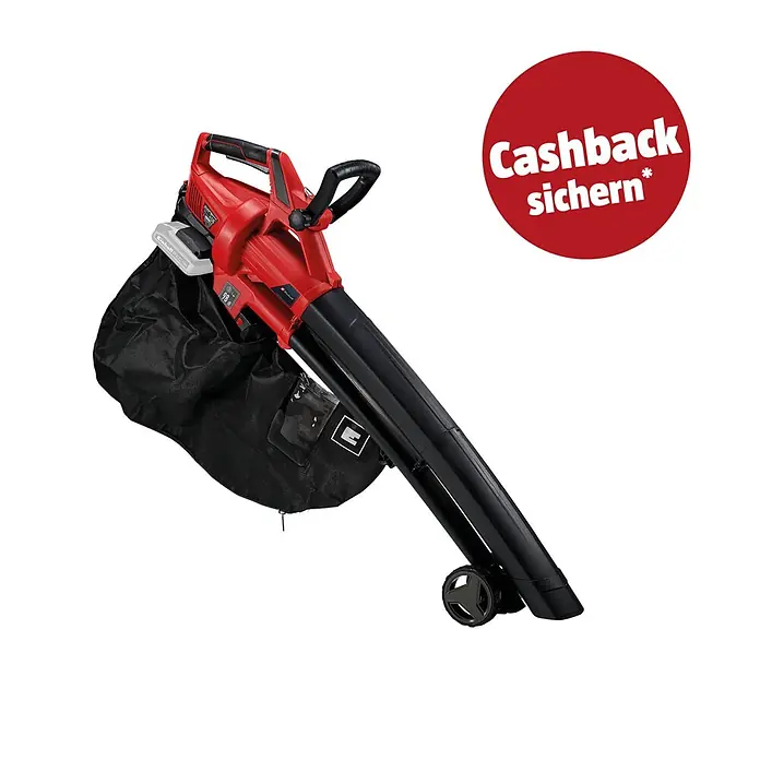 Einhell PXC 18V Akku-Laubsauger & -Laubbläser GE-CL 36LI E - Blasleistung: 720 m³/h, Drehzahlregulierung - Rot-schwarzer Laubbläser mit Fangsack und Rollen.