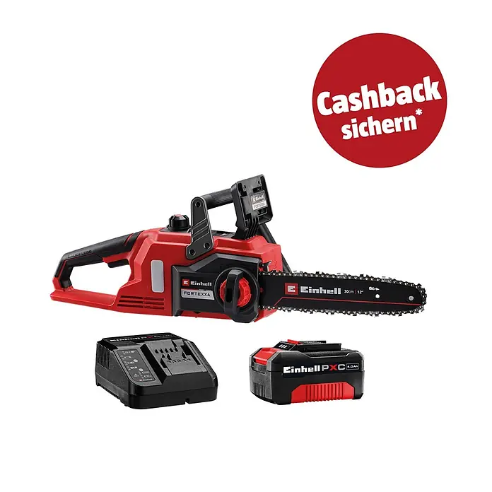 Einhell PXC 18V Akku-Kettensägen-Set Fortexxa 18/30 - 18 V, 4 Ah - 8 Ah, Anzahl Akkus: 1 Akku, Schwertlänge: 300 cm - Rote Akku-Kettensäge Einhell FORTEXXA mit Akku und Ladegerät.