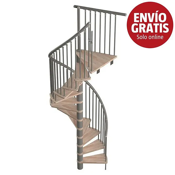 Sogem Escalera de caracol Sigma - Haya barnizada, Diámetro: 120 cm, Altura de planta: 309 cm - Escalera de caracol con peldaños de madera clara y barandilla de metal gris oscuro.