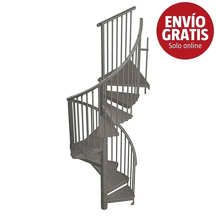 Sogem Escalera de caracol Delta - Gris, Diámetro: 120 cm, Altura de planta: 300 cm - Escalera de caracol de metal gris con peldaños perforados y barandales verticales, apta para interior o exterior.