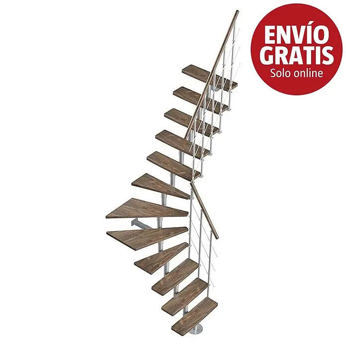 Sogem Escalera compacta Arizona - Haya, Ancho: 70 cm, Haya maciza alistonada, Espiral izquierda y derecha, Con barandilla - Escalera de caracol de madera oscura con barandilla metálica.