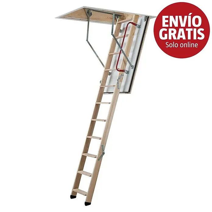 Sogem Escalera escamoteable Fire Pro REI45 - Aislamiento térmico: 1,2 W/(m²K) - Escalera de altillo plegable de madera, extendida desde una trampilla de techo, con bisagras metálicas y pasamanos rojo.