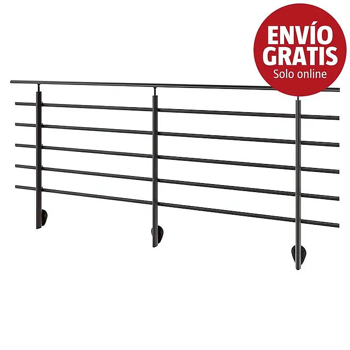Sogem Balaustrada Pure Black lateral - 250 x 102 cm, Aluminio, Negro - Barandilla de balcón de metal negro con barras horizontales y soportes verticales.
