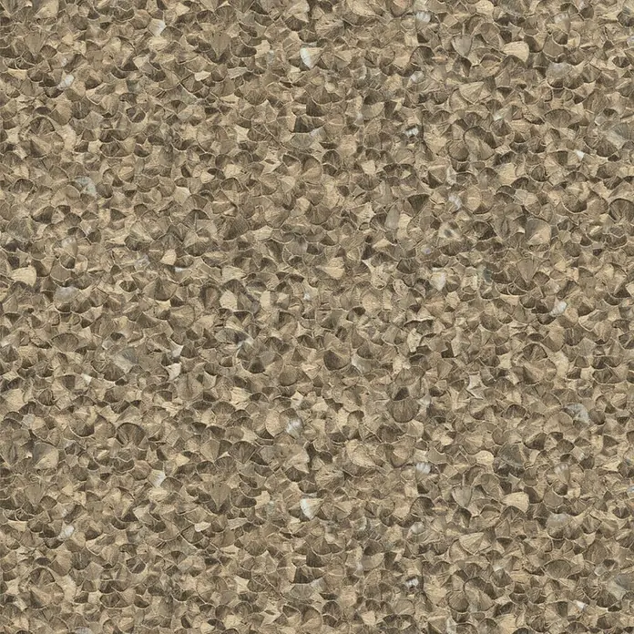 Glööckler Vliestapete - Federmuster - Gold, Ornament, 10,05 x 0,7 m - Nahaufnahme eines Bodenbelags mit einem Muster aus kleinen, abgerundeten Elementen in verschiedenen Brauntönen, ideal für moderne Innenräume.