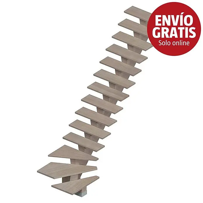 Sogem Escalera principal Kalea - Apache Grey, Ancho: 85 cm, 1/4 espiral derecha, Altura de planta: 285,2 cm - Escalera de caracol de madera clara con peldaños individuales.