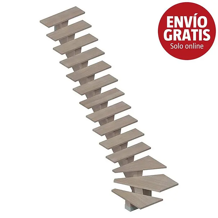 Sogem Escalera principal Kalea - Apache Grey, Ancho: 85 cm, 1/4 espiral izquierda, Altura de planta: 285,2 cm - Escalera de caracol flotante moderna con peldaños de aspecto madera clara.