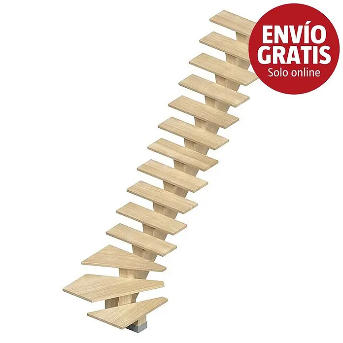 Sogem Escalera principal Kalea - Sioux White, Ancho: 85 cm, 1/4 espiral derecha, Altura de planta: 285,2 cm - Escalera de madera clara con peldaños alternados.