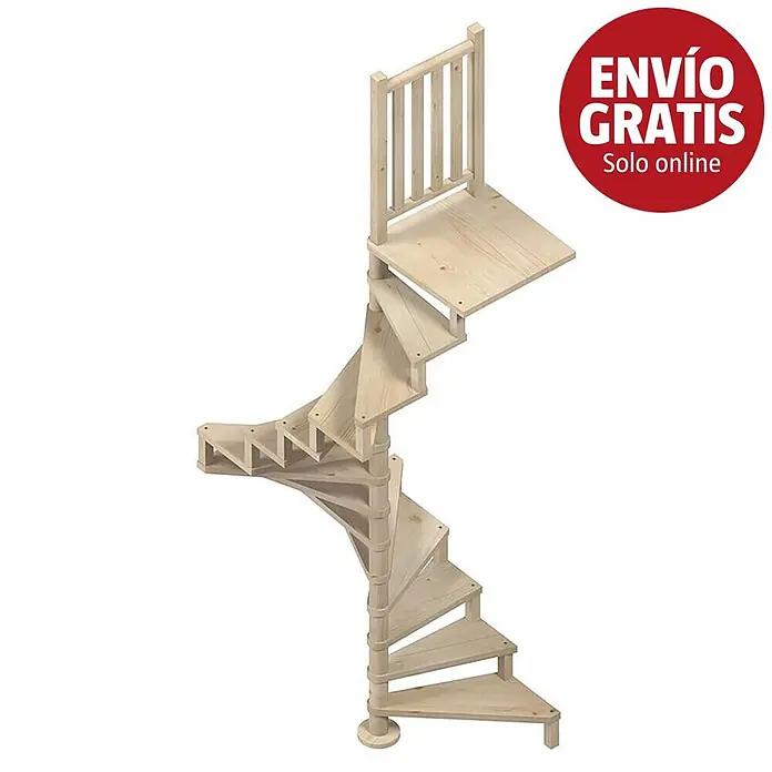Sogem Escalera de caracol Square Wood - Diámetro: 120 cm, Color peldaños: Abeto, Altura de planta: 300 cm, Sin barandilla - Escalera de caracol de madera clara con pequeño rellano superior y barandilla sencilla, ideal para espacios compactos.