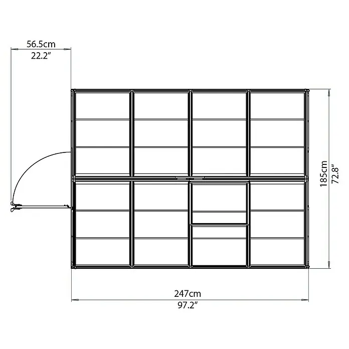 Palram – Canopia Invernadero Harmony - Medidas ext. (An x Pr): 185 x 247 cm, Plateado, Área: 4,6 m² - Vista de un vestidor con estantes, cajones y barras de ropa. El armario ofrece mucho espacio de almacenamiento.
