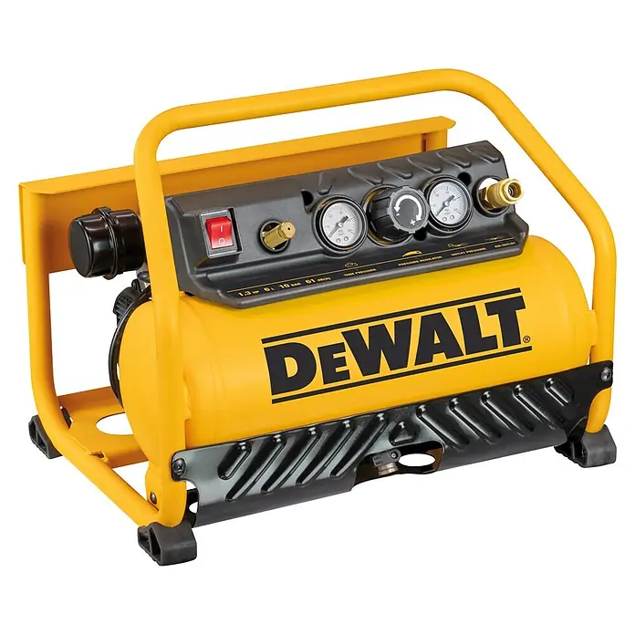 DeWalt Kompressor DXCMS156RE - 1.300 W, Max. Druck: 10 bar - Gelber DeWalt Luftkompressor mit schwarzem Bedienfeld, Manometern und rotem Schalter, eingefasst in einem gelben Metallrahmen.