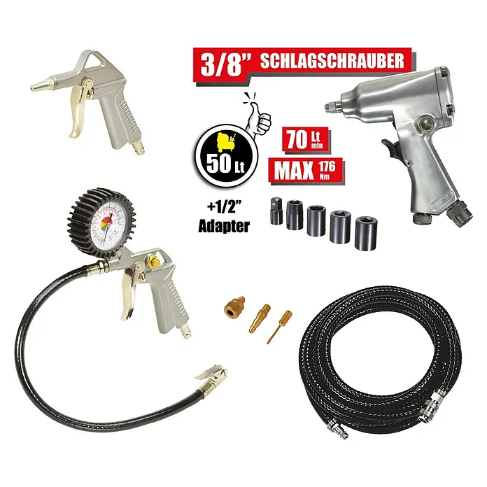 Herkules Flüsterkompressor Siltek TB 50 D - 2.200 W, Max. Druck: 8 bar, 50 l, Schmierung: Ohne - Pneumatischer Schlagschrauber-Satz mit Luftschlauch, Reifenfüller, Ausblaspistole und diversen Adaptern/Nüssen.
