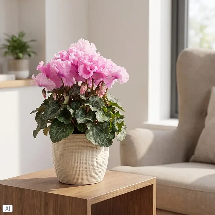 Piardino Zimmer-Alpenveilchen - Cyclamen persicum 'Curly', Topfgröße: 13 cm, Rosa - Eine leuchtend rosa Alpenveilchenpflanze mit grünen Blättern in einem hellen, strukturierten Topf auf einem Holztisch in einem hellen Raum.